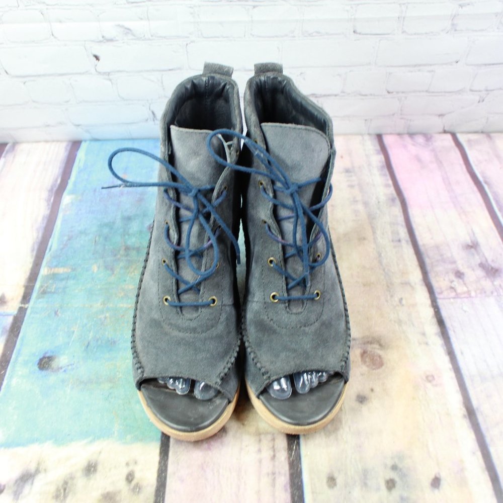 LL Bean Black Suede Peep Toe Lace Up Wedge Heel Booties Size 7 M - Picture 5 of 9